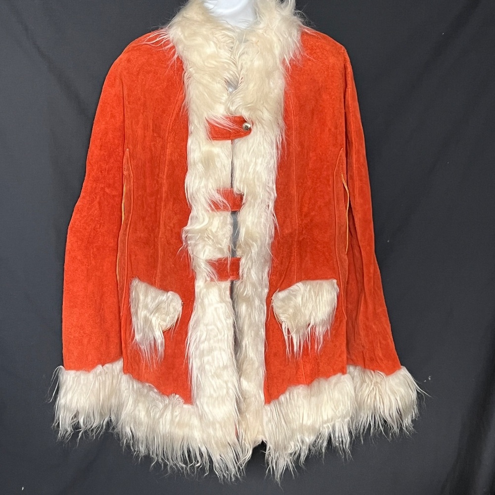 Vintage Cape Orange Suede Faux Fur Trim Poncho 70s Hippy Boho One Size